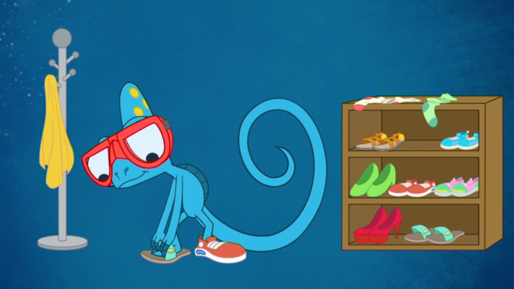 Image extraite de l'épisode "C'est quoi les verrues plantaires ?" de la série TiDoc'. La photo représente Tifou qui essaye des chaussures